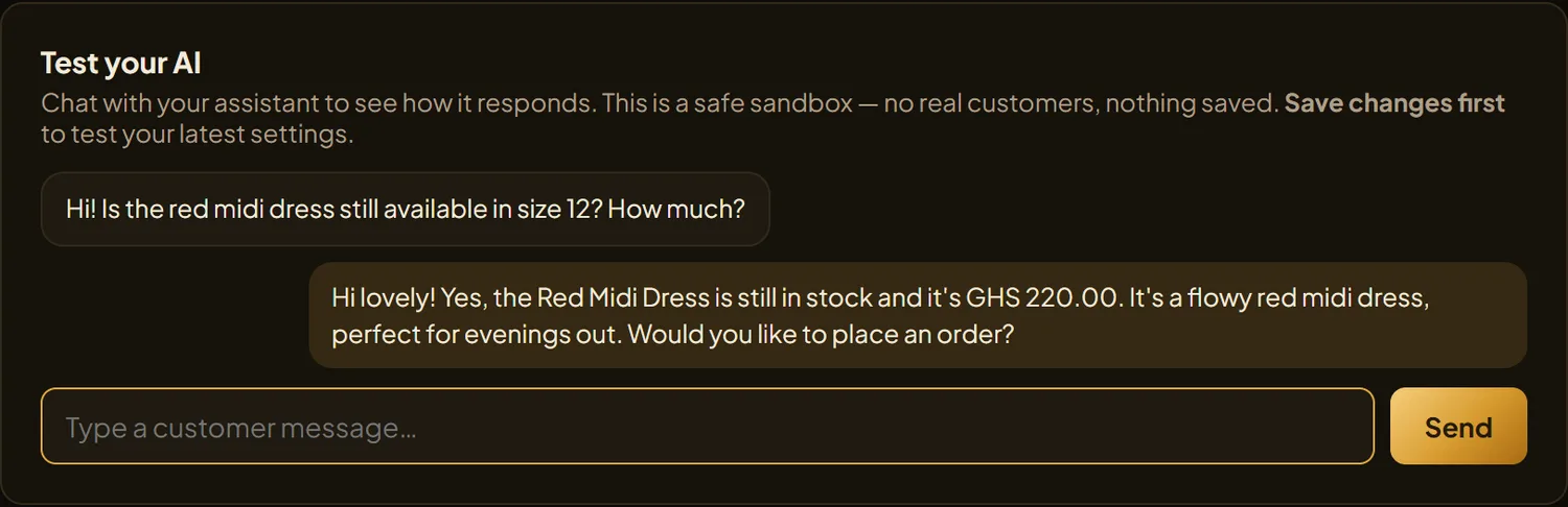 XCelerate AI replying to a customer: confirming the Red Midi Dress is in stock in size 12, quoting GHS 220 and offering to take the order