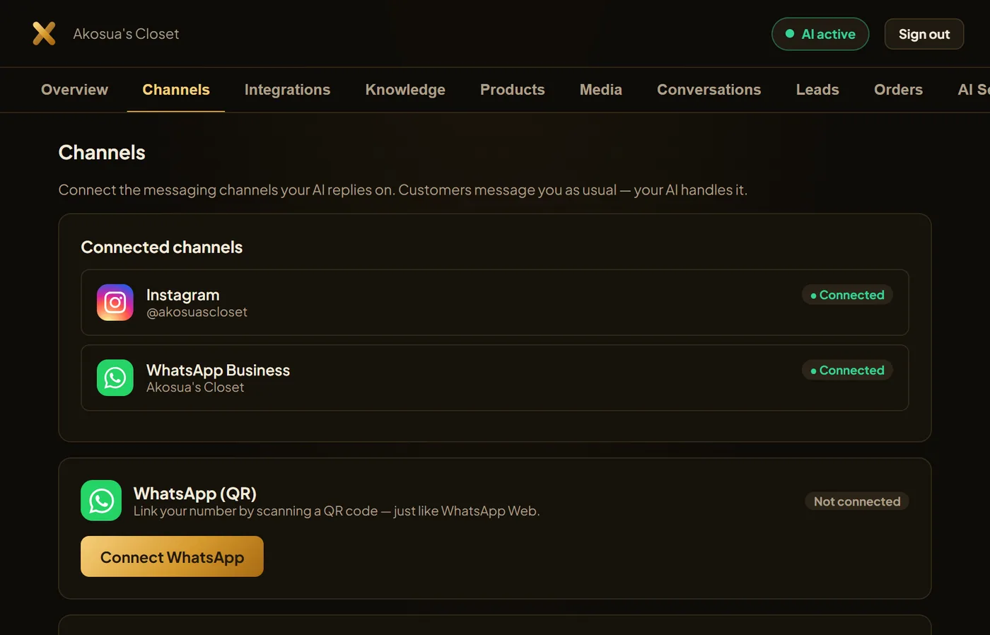 Channels dashboard showing Instagram and WhatsApp Business connected