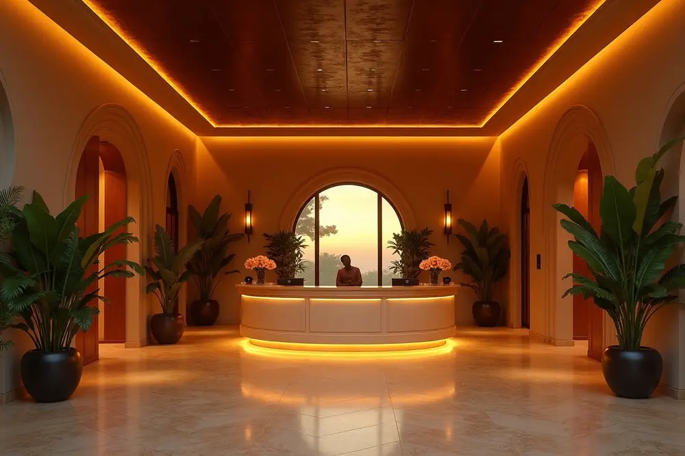 A warm boutique hotel lobby — XCelerate AI answers the bookings