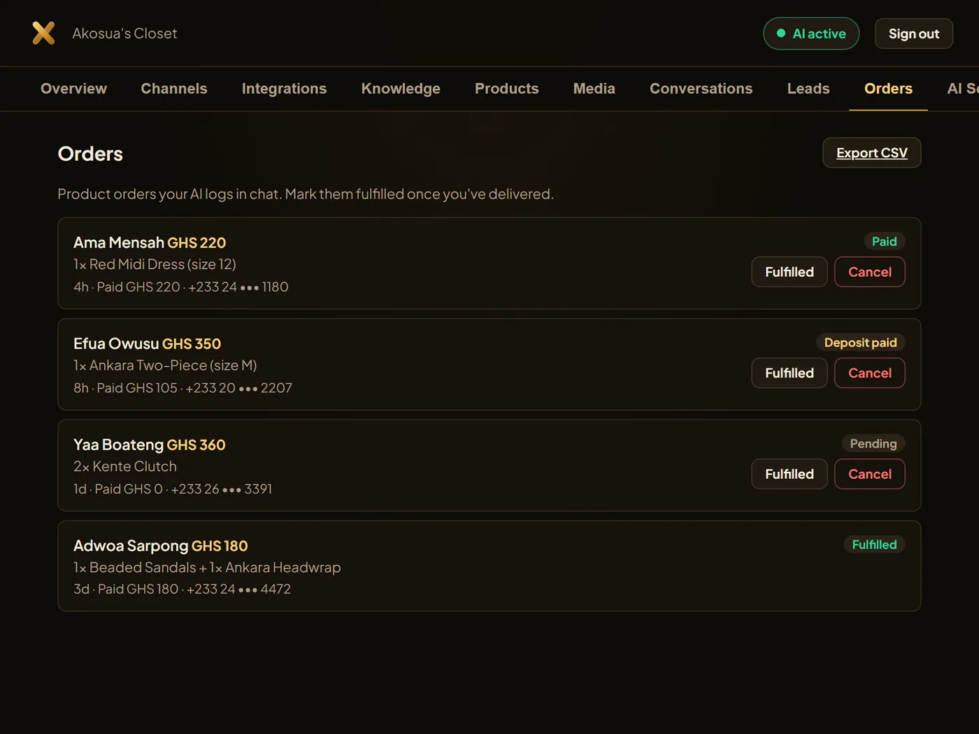 Orders ledger showing four customer orders with payment status